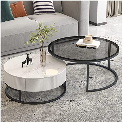 BDDIE Couchtisch Satz Wohnzimmer Stapeltische 2er-Set Runder Beistelltisch Akzent Seitenstapeltische Gehärtetes Glas + Gesinterter Stein Moderne Tischsets Metallrahmen Mit Schublade (Size : 70+50
