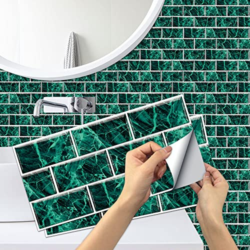 Alwayspon 12Pcsx30cmx15cm/12inchx6inch, Green Crystal Marble Tile Sticker, Peel and Stick Backsplash Wall Tiles Sticker for Kitchecn Bathroom, Self-Adhesive Vinyl Tile Transfers Stick on Tiles