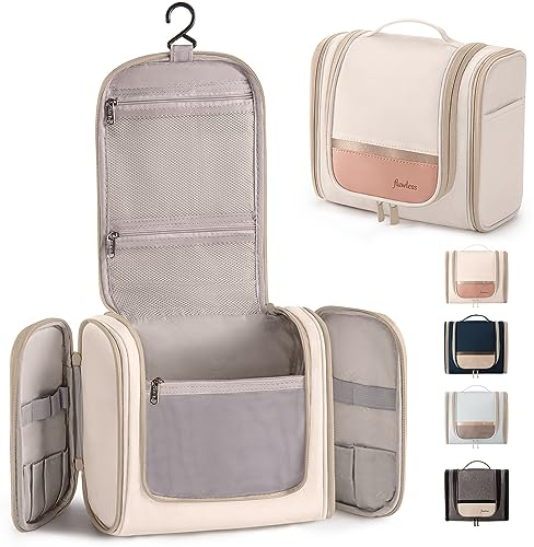 Rieeyrslza Kulturtasche zum Aufhängen Faltbare Waschtasche mit Haken Reise Kulturbeutel für Männer & Frauen Toiletten Tasche mit Henkel Hängend für Make-up und Toilettenartikel(Beige+Rosa)