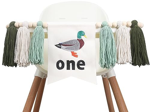 HGFC Ente 1. Geburtstag Hochstuhl Banner Dekorationen – Erster Geburtstag Hochstuhl Banner – Ente Jagd Thema Party Supplies – Ente Stickerei Quaste Girlande – Stockente Holz Perle Quaste Party Banner