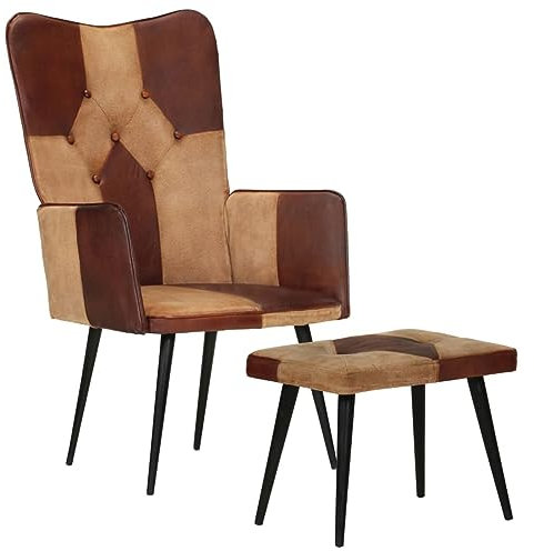 Homgoday Sessel mit Fußstütze, braun, aus echtem Leder und Leinwand, Stühle für den Außenbereich, Esszimmerstühle für Garten, Gartenmöbel, Terrassenmöbel, dunkelbraun, echtes Leder und Leinwand