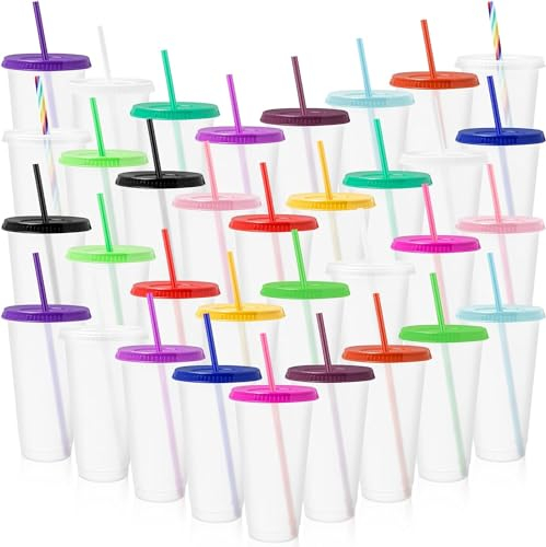 MSYU 34 Pack Tumbler with Straw and Lid Bulk, 24oz Reusable Plastic Cups Iced Summer Coffee Cup Travel Mug Water Bottle for Parties Birthdays (Stylish Color)