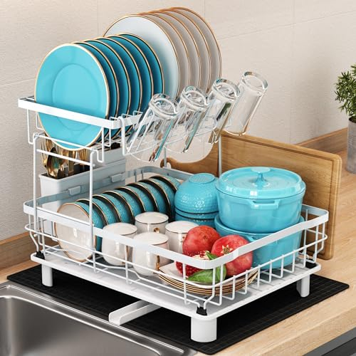 MAJALiS Escurreplatos, Escurridor de Platos de 2 Niveles con Bandeja de Drenaje y Estera de Drenaje, Escurreplatos de Acero Inoxidable con Soporte para Utensilios, Caño Giratorio, Blanco