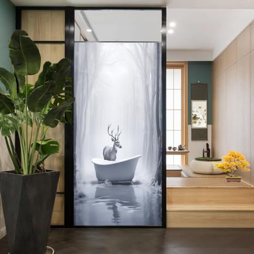 Rustikale Hirsch-Buntglas-Fensterfolie, Retro, Nebelwald, Badewanne, klassische Sichtfensterfolie, nicht klebende Glasfolie, dekorative statische Frischhaltefolie für Zuhause, Büro, 45 x 60 cm