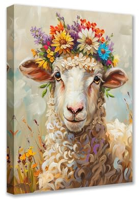 Walarky Leinwandbild, Motiv: Tiere mit Blumen auf dem Kopf, Schaf, Blumen-Poster, Drucke, 1 Stück, niedliche, moderne Bilder, Kunstwerk für Wohnzimmer, Schlafzimmer, Heimdekoration, gerahmt,