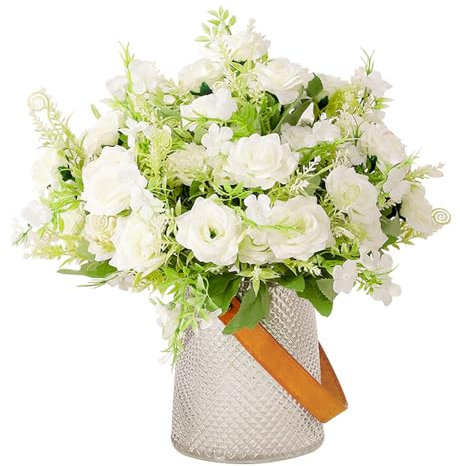 Taasmoog 3 paquetes de flores artificiales de rosas artificiales para exteriores, resistentes a los rayos UV, plantas de plástico sintético, arbustos verdes para interiores y exteriores, maceta