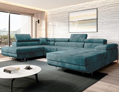 Easy4You Türkis Ecksofa Varberg Velours in U-Form 345 x 72 x 205 cm mit Schlaffunktion und Bettzeugbehälter - Schlafsofa mit Bettkasten - Eckcouch mit Stauraum - Stoff: Monolith 72