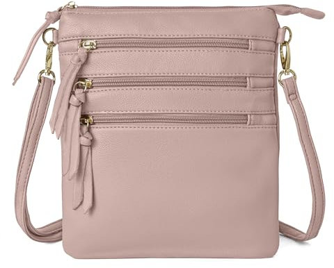 Woodland Leathers Bolso cruzado de piel sintética para mujer, elegante y versátil, con múltiples bolsillos de mensajero y herrajes dorados, rosa claro, Small