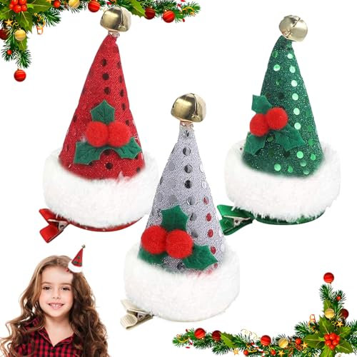 Weihnachts Haarschmuck Mini, 3 Stück Weihnachtsmütze Haarklammern, Weihnachten Hut Haarspange, Haarspangen mit Weihnachtsmütze,Glitzer Nikolausmütze Haarschmuck,Weihnachts Haarclips für Mädchen Damen