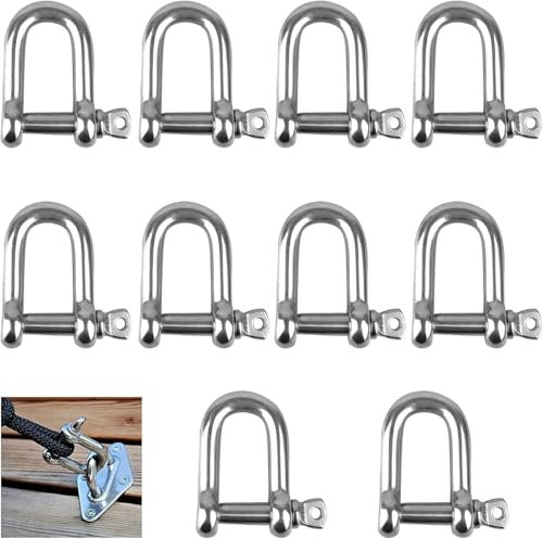 Grillete en forma de D, grillete con anilla en D de acero inoxidable 304, grillete en D de acero inoxidable, grillete de acero inoxidable M6, grillete con anilla en D recto, 10 piezas