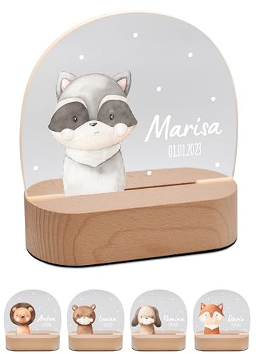 Bärenfreunde® - Personalisiertes Nachtlicht für Babys - Individuelle Nachttischlampe für Kinder - Personalisierte Geschenke Kinder - Babygeschenk - Geschenk zur Geburt (Waschbär)