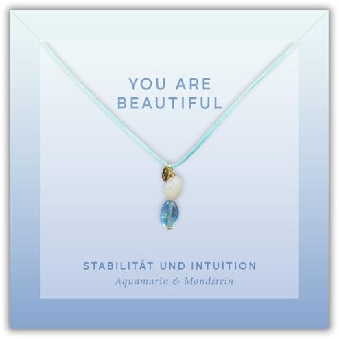 happymaker - Halskette Damen, Aquamarin und Mondstein Anhänger, Damen Kette mit Edelstein Anhänger und 18k vergoldete Edelstahlperlen, handgefertigt in Deutschland, größenverstellbar