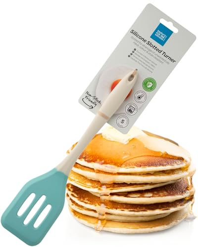 Taylors Eye Witness Large Silicone Buttermilk & Turquoise Slotted Spatula - Dishwasher Safe. For Non-Stick Frying Pans. Slotted For Drainage. Odour, Stain, Heat Resistant(260°C/500°F) 5 Year Guarantee