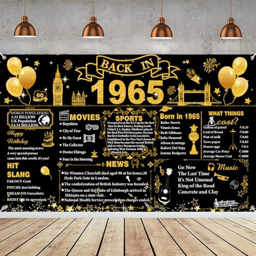 60th Birthday Decorations Black Gold, Back in 1965 Poster UK Happy 60th Birthday Decorations, Large Back in 1965 Backdrop Banner, 60 Years Anniversary Home Decor for Women Men