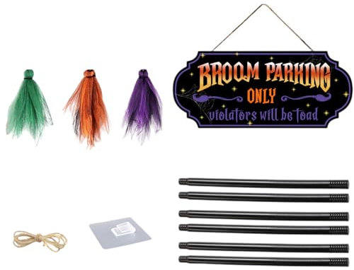 BAHJKASD Encantadores palos de escoba con 3 escobas, cartel de madera hecho a mano para decoración de fiestas de Halloween