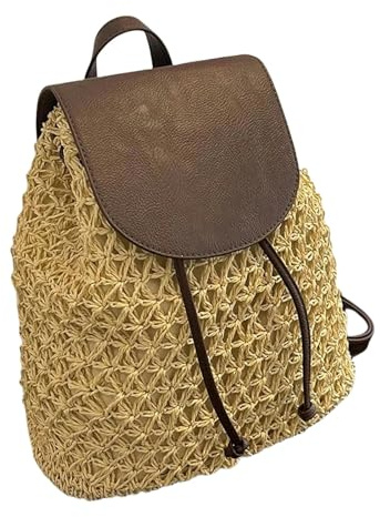 DuomaiJJ Strohtasche Vintage Strow Rucksack Damen -Fashion -umhängetasche Vielseitiger Stroh Gewebter Pu Eleganter Rucksack-beige-31x13x33cm