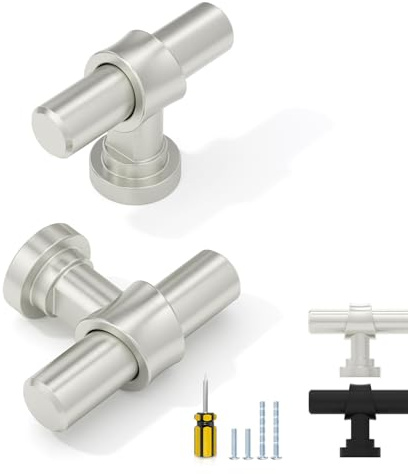 ELEBUILD 10 Pack Brushed Nickel Cabinet Knobs, T Bar Single Hole Handles | Modern Silver Cupboard Knobs for Kitchen, Chest of Drawers, Bathroom Vanities, & Wardrobe Doors, Home & DIY Projects