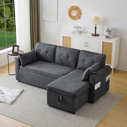 Zubaliya Canapé d'angle Convertible avec Fonction Couchage,canapé 3 Places en L avec Porte-gobelet,Chaise Longue avec Espace de Rangement,Gauche et Droite interchangeables,Gris