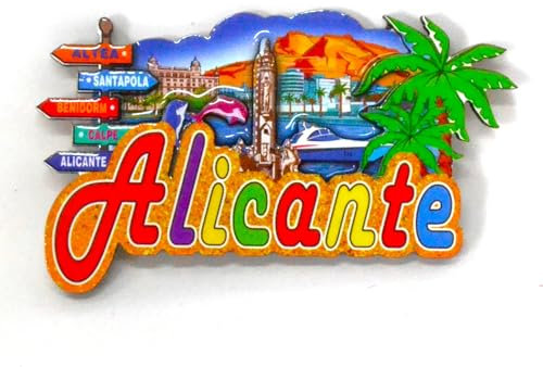 Magnete decorativo di Alicante per frigorifero, design colorato con palme e monumenti, souvenir della Spagna. Altea, Santapola, Benidorm,Calpe, Spagna, Spagnolo
