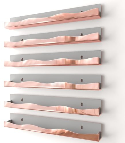 Wall-Mounted Nail Polish Organizer Rack - 15-Inch Mirror Rose Gold Finish Nail Polish Shelf, Makeup & Beauty Essentials Storage - Multi-Purpose Display Holder for Small Space, Vanity Bathroom, 6 Pack