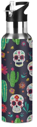 Woltant Mexikanische Totenköpfe Kakteen Blumen Vakuum Isolierte Edelstahl Wasserflasche 600ml Sport Wasserflasche mit Strohhalm Auslaufsicher für Arbeit Reisen Gym