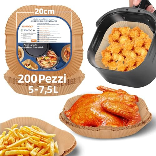 HONYAO Papier Cuisson Air Fryer 200 Pièces, 20x20 cm XXL Carré Paper Sulfurisé pour Friteuse a Air 5-7,5 L, Airfryer Parchemin Accessoires compatible avec Cosori Philips Cecotec Friteuse Sans Huileile