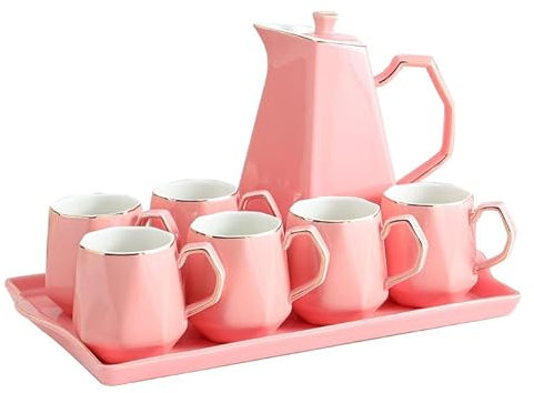 Dh2yjnbf3 Water Pitcher Nordic ceramic cold kettle set afternoon tea set teapot teacup home living room tie pot with tray Iced Tea Carafe(Pink)