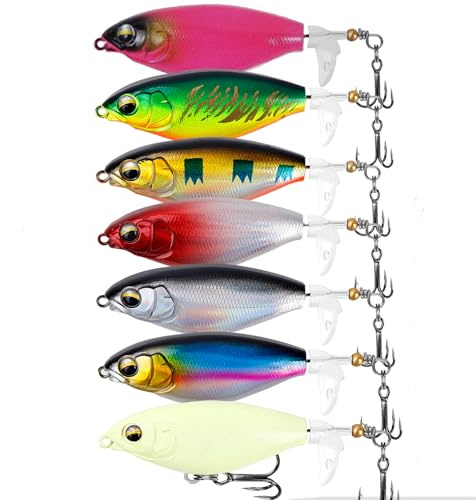 Balifly Oberflächenköder für das Bassangeln Popper-Köder mit Propeller-Schwanz Oberflächen-Crankbaits für Bass, Forelle, Hecht, Süßwasser, Salzwasser 7 Stück FS/YE-04(3.55'',0.35oz)