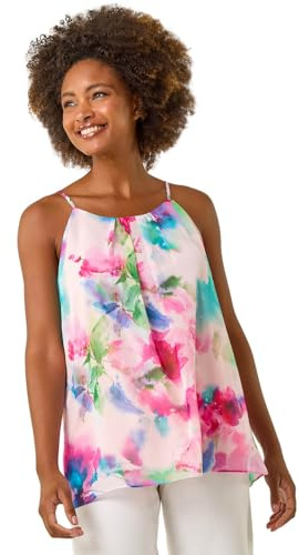 Roman Originals Floral Print Chiffon Cami Top for Women UK - Ladies Everyday Holiday Spring Summer Round Neckline Comfy Soft Evening Vacation Work Party - Floral Pink - Size 10