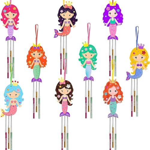 Canollo 9 Stück Windspiel Bastelset Kinder Meerjungfrau, DIY Bastelset Holz Windspiel mit Buntes Polyesterband, Bürste und Edelsteinaufkleber, Holz Basteln Kinder für Mädchen Jungen DIY Handwerk