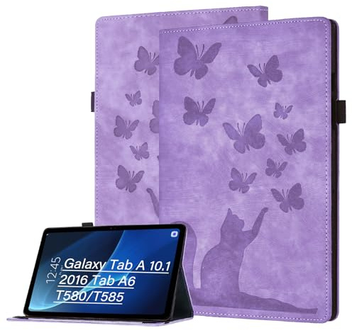 Bemoloon Tab Fundas para Samsung Galaxy Tab A 10.1 2016 A6/T580/T585 PU Gato y Mariposa Carcasa para Tableta, Soporte, Ranura para Tarjetas, Porta Lápiz, Gato Morado