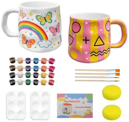 DIY Tazas para Pintar Kit, Pintar una Taza, 2pcs Taza de Cerámica para Pintar con Pinceles, Pinturas, Kit Pintar Tazas Ceramica y Creativo de Cerámica para Adultos y Niños