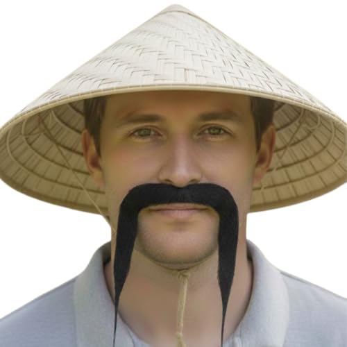 TC Toys - Chinese Straw Hat & Moustache Set – Traditional Asian Rice Farmer Style Bamboo Sun Hat – Large Woven Fancy Dress Accessory with Chin Strap – Funny Costume for Stag Do & Parties