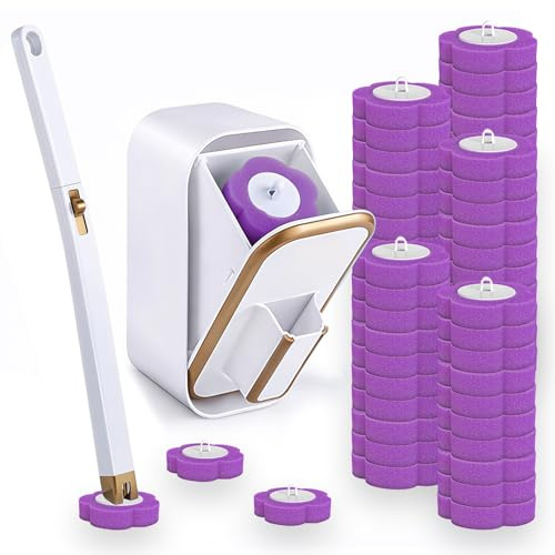Toilet Wand Kit, Disposable Toilet Brush with 60 Refills | Toilet Brush Replacement Head with Handle Wall-mounted Holder Cleaner Set for Home Bathroom Kitchen (Pruple)