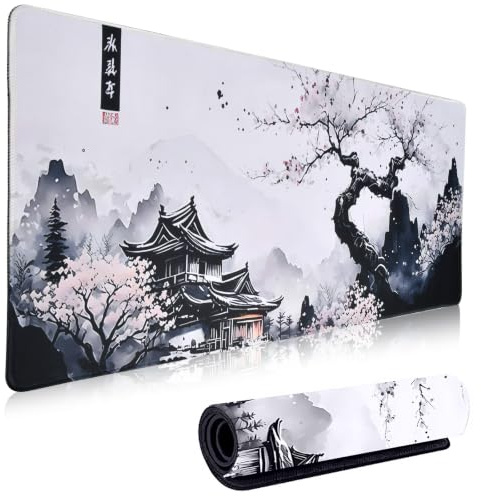XXL Kirschblüten Mauspad,90x40cm Japanische Weiße Mauspad,Anime Gaming Tastatur Matte,Erweiterter Schreibtisch Schutz,Rutschfester Gummiboden,Genähten Kanten,Für Home Office