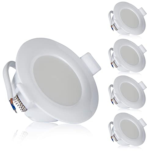 Ultra Flach LED Einbaustrahler IP44 |auch für das Bad geeignet| Warmweiß 4W 230V Rahmen weiss Rund Einbauspots Badleuchten, 5 Stück Einbauleuchten (Neutralweiss)