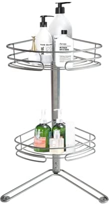 Organizador esquinero de pie con 2 niveles para ducha, metal antioxidable, color plateado