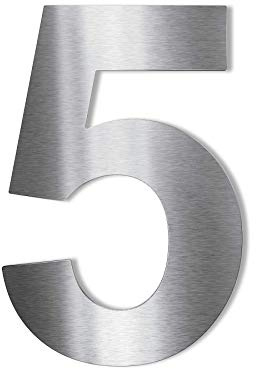 Metzler Edelstahl Hausnummer - V2A Edelstahl grob geschliffen - Schrift Arial - Höhe 20 cm - Ziffer 5