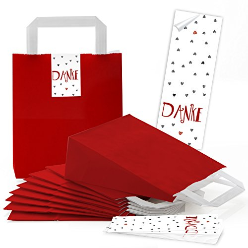Logbuch-Verlag 10 kleine rote Geschenktaschen aus Papier 18 x 8 x 22 cm mit Danke Herzen Sticker für Dankesgeschenke Hochzeit