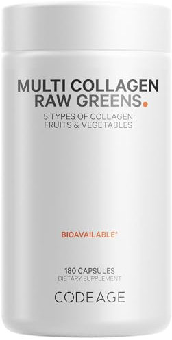 Codeage Multi Collagen Protein + Organic Raw Greens Superfood Capsules Supplement, 21 Fruits & Veggies, Grass-Fed Hydrolyzed Collagen Peptides, 5 Types All-in-One, 180 Count