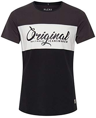 Blend Nero Herren T-Shirt Kurzarm Shirt Print Mit Streifen Und Rundhalsausschnitt, Größe:L, Farbe:Black (70155)