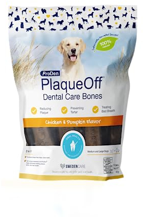 ProDen PlaqueOff Kauknochen für Zahnpflege Hund, Pack mit 13 Knochen, Dental Sticks Hund für mittelgroße und große Hunde, Kaustangen Hunde für Plaque und frischen Atem, Zahnsticks Huhn & Kürbis