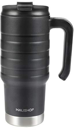 HAUSHOF 24 oz Travel Mug, Stainless Double Wall Vacuum Insulated Tumbler with Handle & Spill Proof Twist On Flip Lid and Wide Mouth, BPA Free