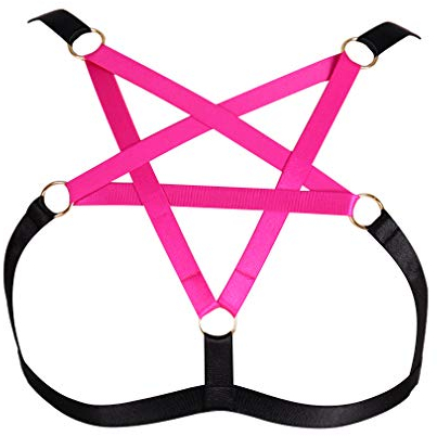 BBOHSS Damen Unterwäsche BH Pentagramm Body Harness Strap BH elastisch verstellbar Punk Gothic Dance Party Kostüm (Schwarz+Rose Rot)