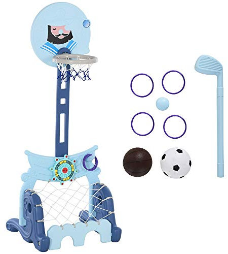 HOMCOM Canasta de Baloncesto con Soporte 4 en 1 Juego de Golf Balón de Fútbol con Altura Ajustable Centro de Actividades para Niños de +3 Años 58x56x154 cm Azul
