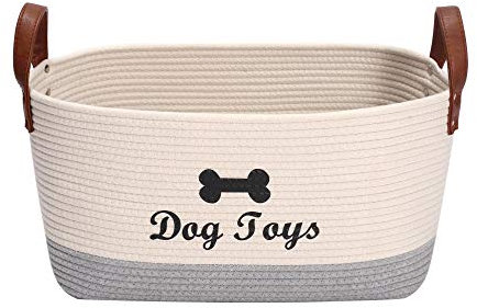 Large cotton dog toy basket, 16.5x10.6x 7.5 puppy toy basket, puppy bins, pet organizer, laundry basket storage bin - Perfect for organizing pet toys, blankets, leashes, coat and stuff - Beige Gray