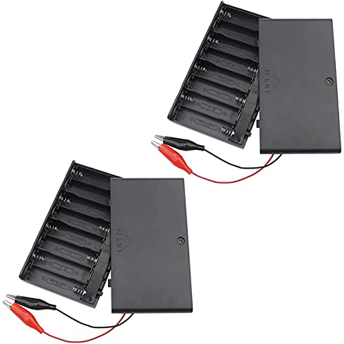 Greluma 2 Pièces 12 V 8xAA Support de Batterie Boîte de Rangement de Batterie en Plastique avec Couvercle de Boîtier Interrupteur Marche/Arrêt Fils de Fil + 4 Pinces Crocodile