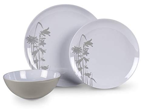 Geschirr Set 12teilig Melamin Camping Picknick Geschirr weiß/grau Blumen Gräs...