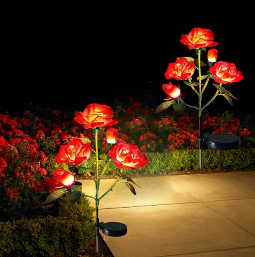 XRR Solarlampen für Außen Garten 2 Stück Solarleuchten Garten Deko mit 10 LED Rose Lichter, Wasserdicht Solar Gartenleuchte für Hochzeiten,Büsche, Rasenflächen, Zäune,Rasen (rot)