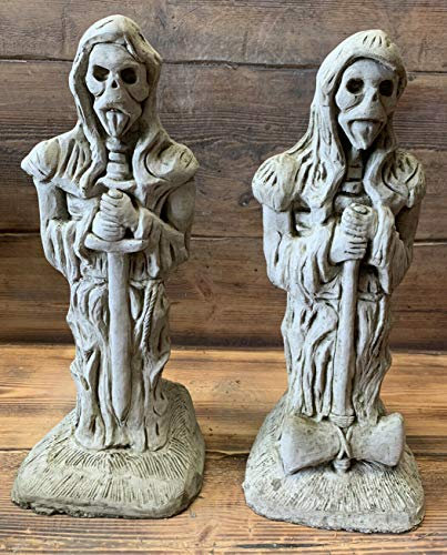 J and L Stone Ornaments Large Pair of Standing Gargoyle Grim Reaper Statue, Gray, Garden Statue, Stone, Gothic/Dark Fantasy